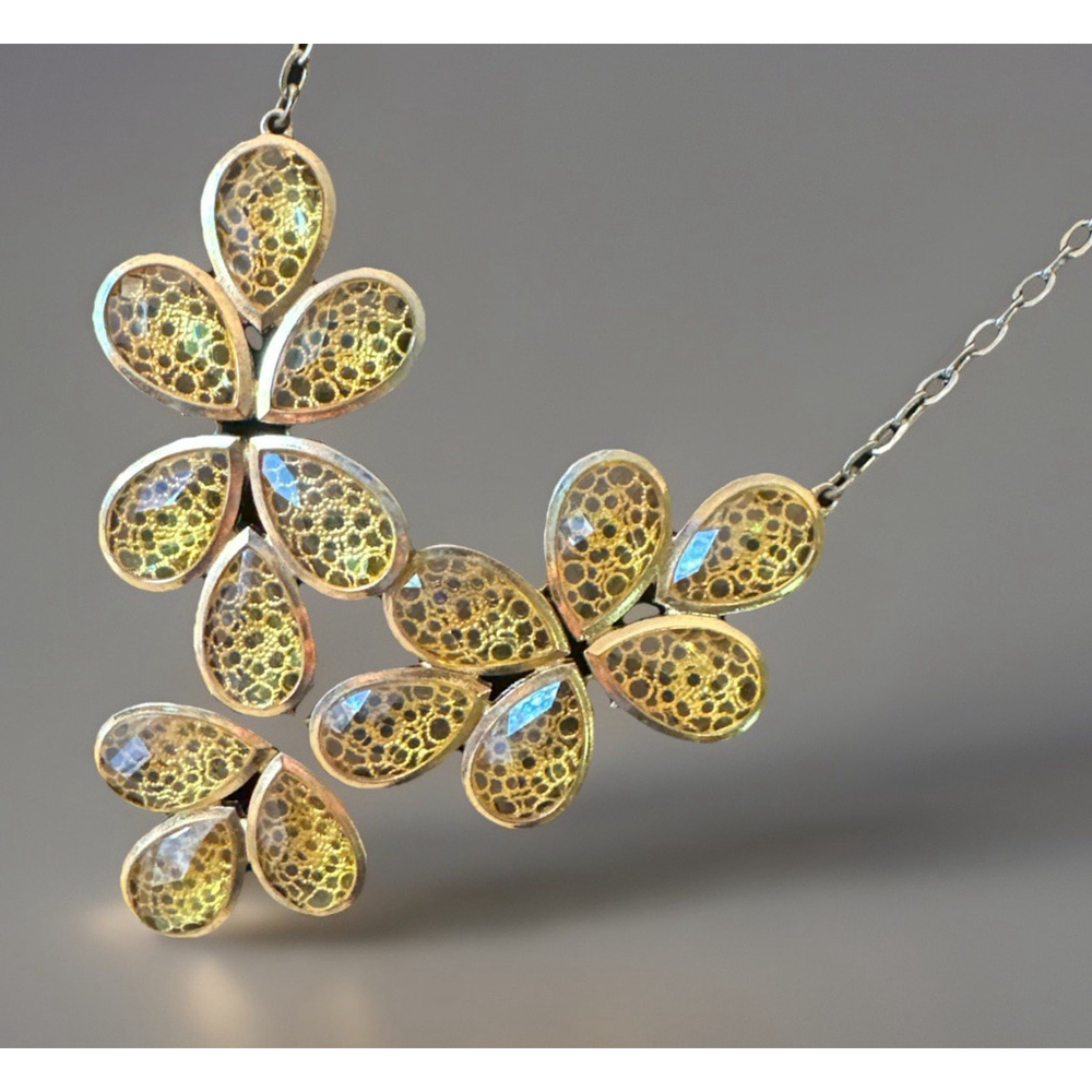 Vintage spring Statement necklace 18” GoldTone Filigree teardrop Yellow Lucite